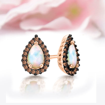 Fire Opal & Brown Diamond Halo Stud Earring in 14K Rose Gold Finish