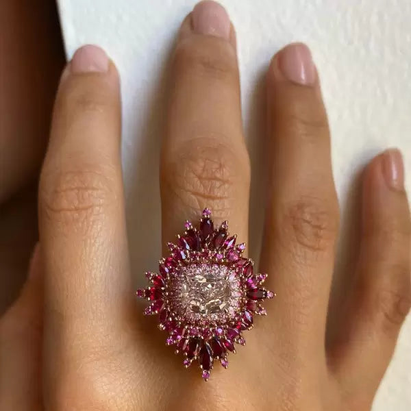 4ct Cushion Cut Pink Sapphire Ruby Halo Vintage Cocktail Ring in 14k Rose Gold Vermeil