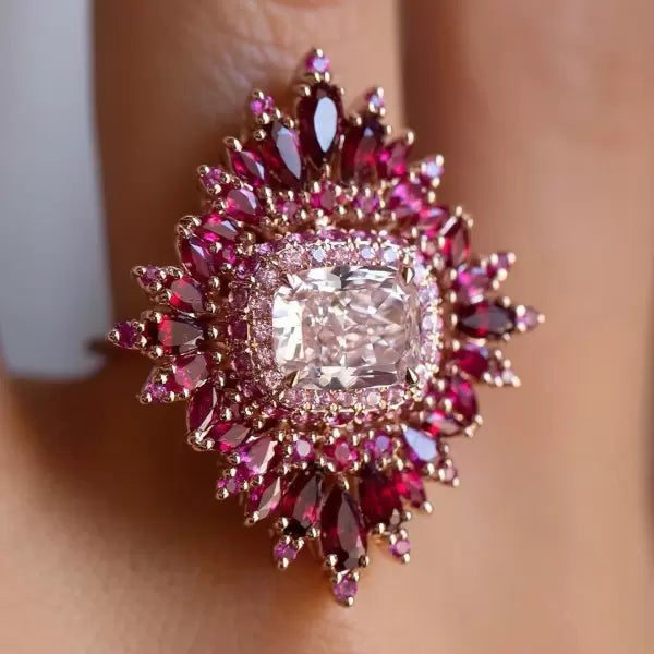 4ct Cushion Cut Pink Sapphire Ruby Halo Vintage Cocktail Ring in 14k Rose Gold Vermeil