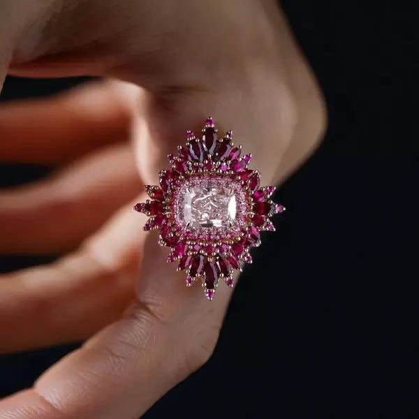 4ct Cushion Cut Pink Sapphire Ruby Halo Vintage Cocktail Ring in 14k Rose Gold Vermeil