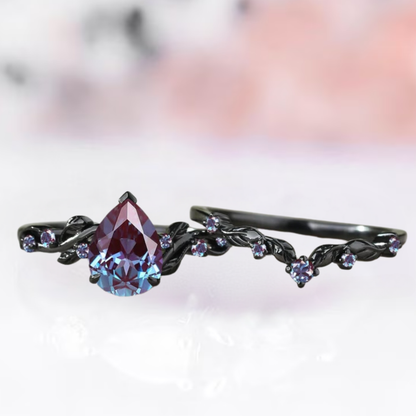 Pear Shape Alexandrite Engagement Ring Set Black Rhodium on 925 Sterling Silver Leaf Floral Alexandrite Wedding Band Gothic Ring Bridal Set