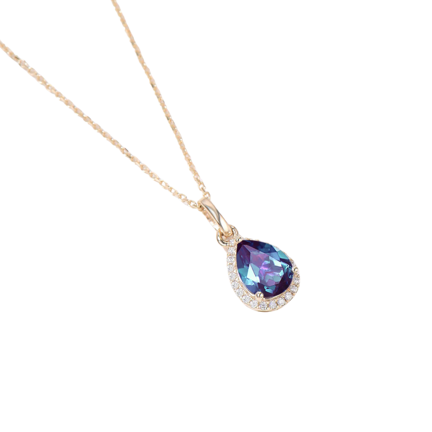 Pear Shaped Alexandrite Halo Diamond Pendant Necklace 18"14K Yellow Gold Finish