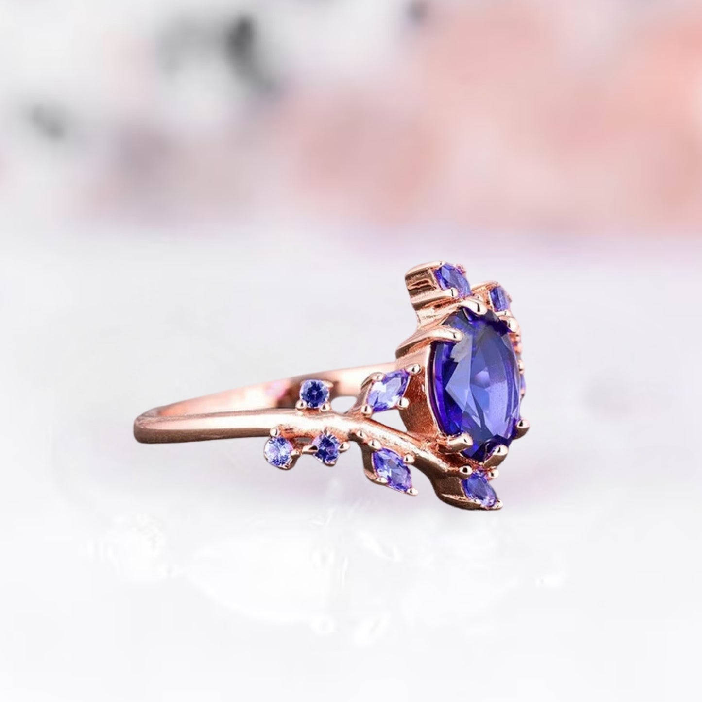 Blue Sapphire Engagement Ring For Women in 14K Rose Gold Vermeil Leaf Sapphire Promise Ring - September Birthstone