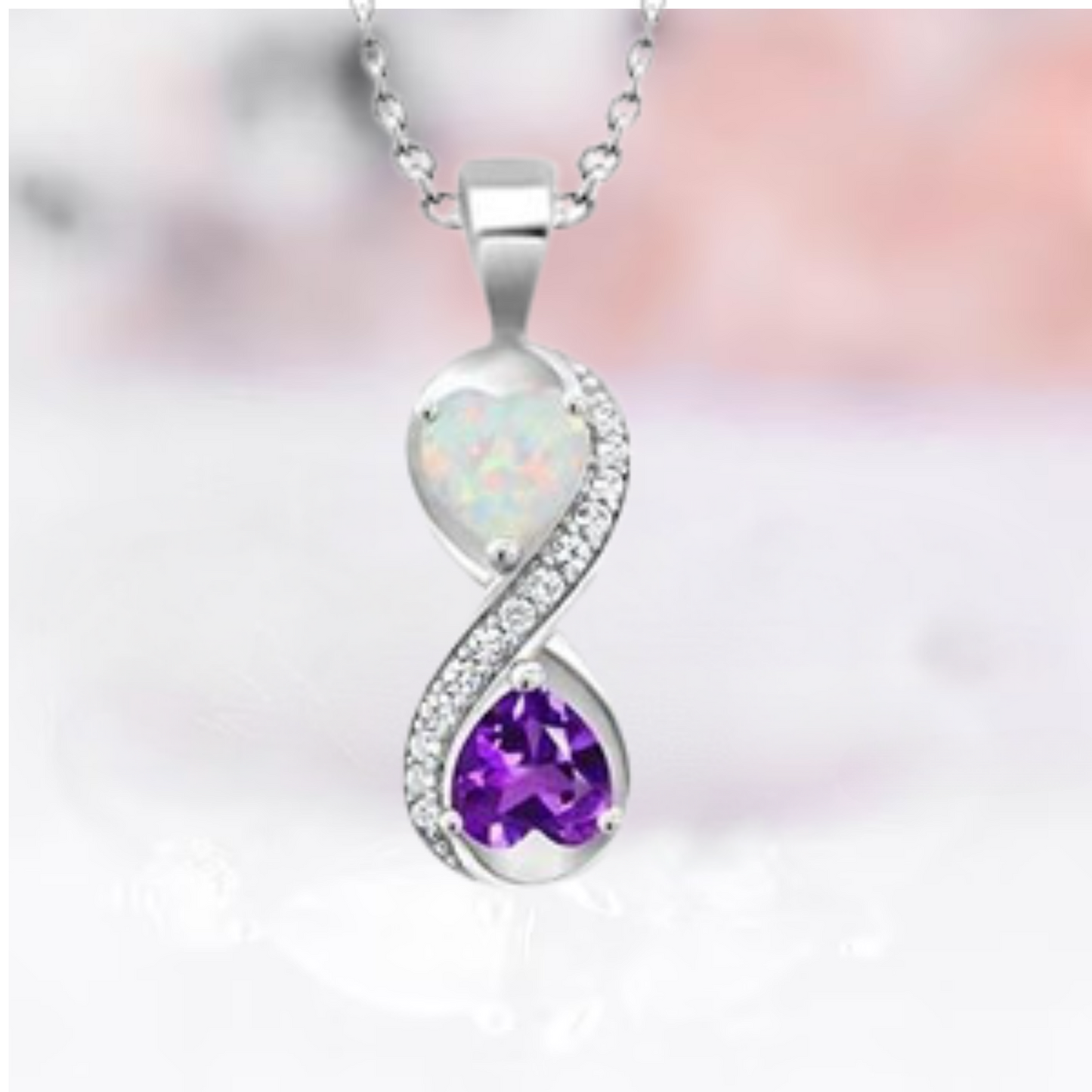 Heart Opal and Amethyst Keepsake Infinity Pendant Necklace 18"inch in 925 Sterling Silver - Engagement Gift For Women