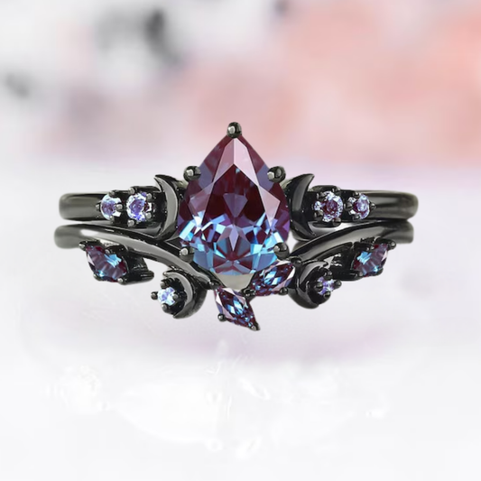 Alexandrite Engagement Ring Set in Black Rhodium Over 925 Sterling Silver Moon Alexandrite Wedding Band Gothic Ring Bridal Set