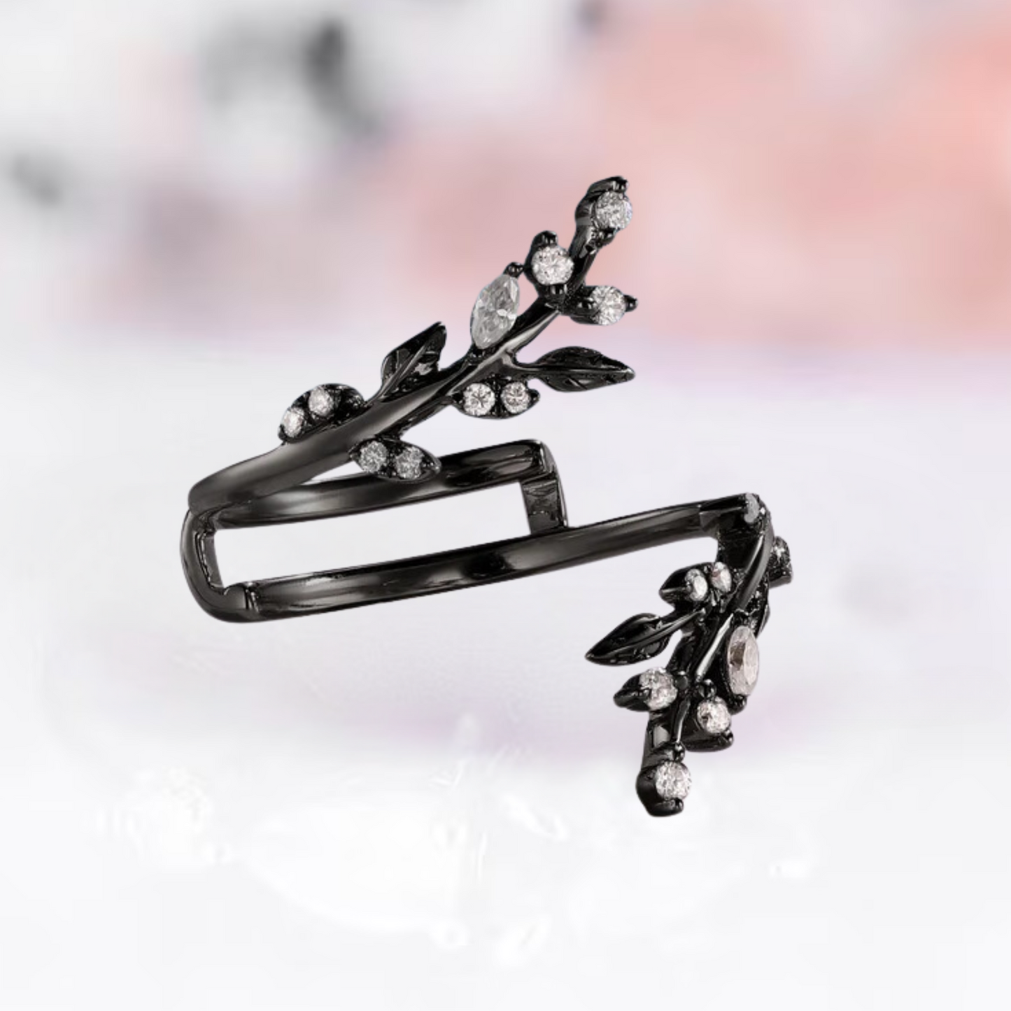 Marquise & Round Diamond Leaf Wedding Wrap Ring Jacket in Black Rhodium on Sterling Silver - Engagement Ring Enhancer Gift For Her