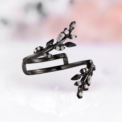 Marquise & Round Diamond Leaf Wedding Wrap Ring Jacket in Black Rhodium on Sterling Silver - Engagement Ring Enhancer Gift For Her