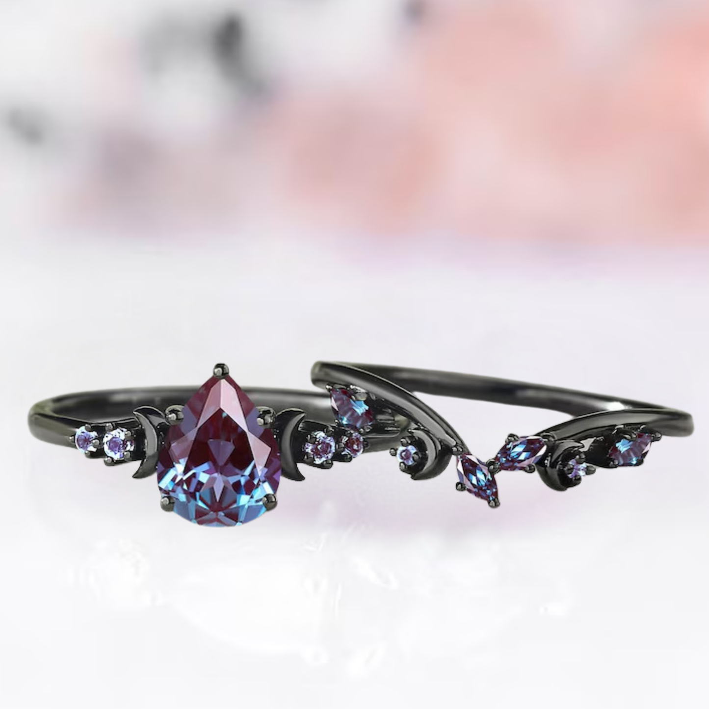 Alexandrite Engagement Ring Set in Black Rhodium Over 925 Sterling Silver Moon Alexandrite Wedding Band Gothic Ring Bridal Set