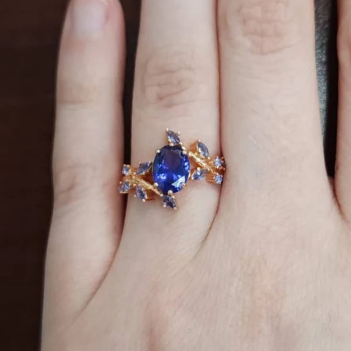 Blue Sapphire Engagement Ring For Women in 14K Rose Gold Vermeil Leaf Sapphire Promise Ring - September Birthstone