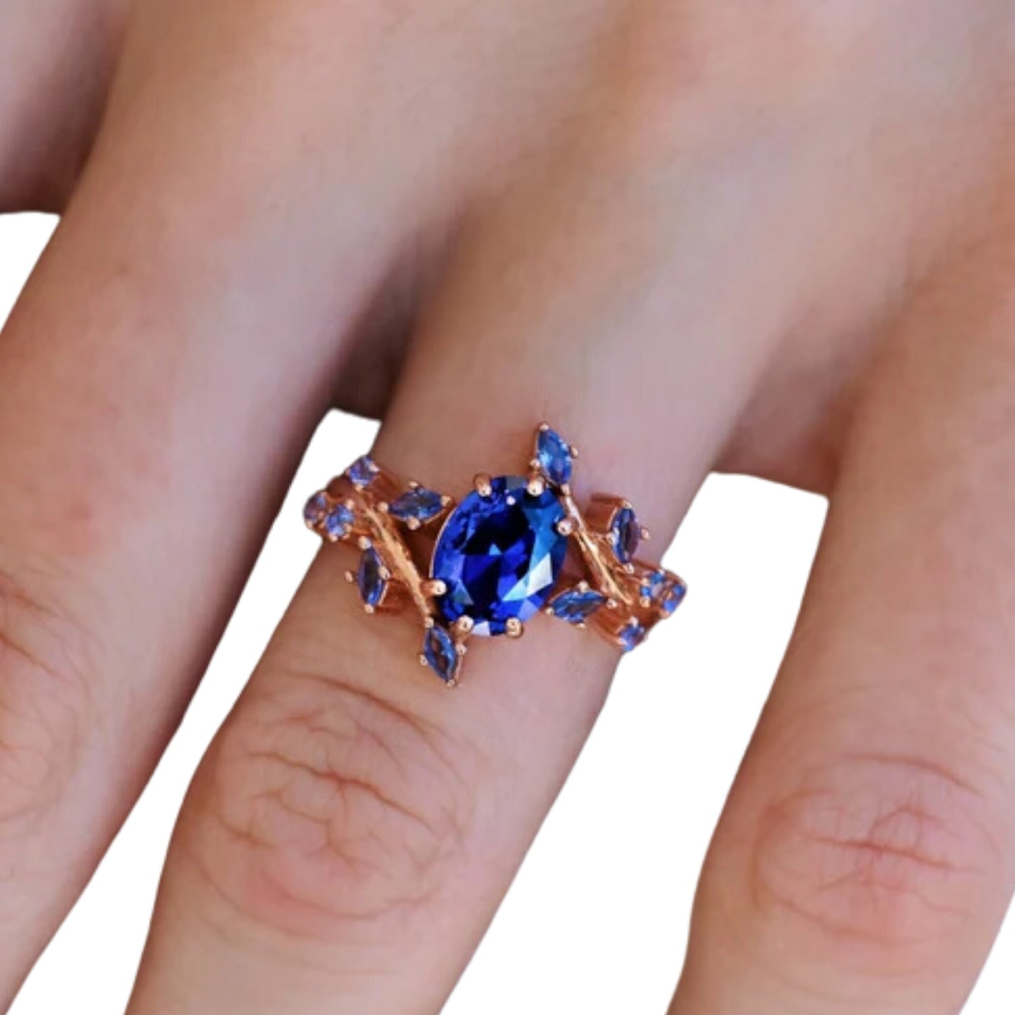 Blue Sapphire Engagement Ring For Women in 14K Rose Gold Vermeil Leaf Sapphire Promise Ring - September Birthstone