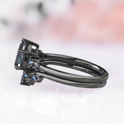 Alexandrite Engagement Ring Set in Black Rhodium Over 925 Sterling Silver Moon Alexandrite Wedding Band Gothic Ring Bridal Set