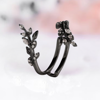 Marquise & Round Diamond Leaf Wedding Wrap Ring Jacket in Black Rhodium on Sterling Silver - Engagement Ring Enhancer Gift For Her