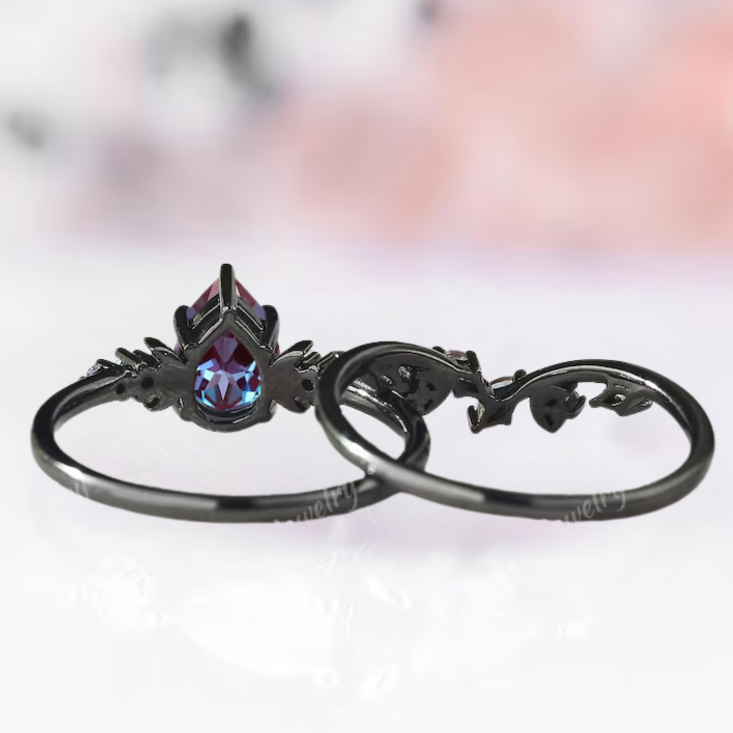 Alexandrite Engagement Ring Set in Black Rhodium Over 925 Sterling Silver Moon Alexandrite Wedding Band Gothic Ring Bridal Set