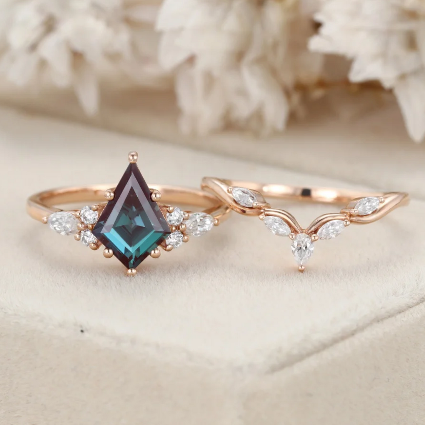 Kite Cut Alexandrite Wedding Proposal Ring For Her in 14K Rose Gold Finish - Engagement Ring Set