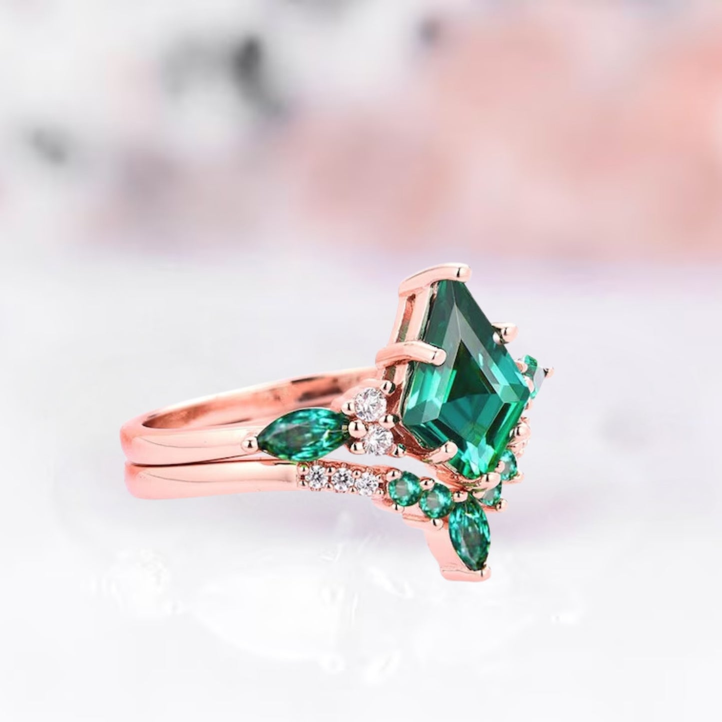 Kite Emerald Ring Set in 14K Rose Gold Vermeil Engagement Ring For Women - May Birthstone Ring For Her