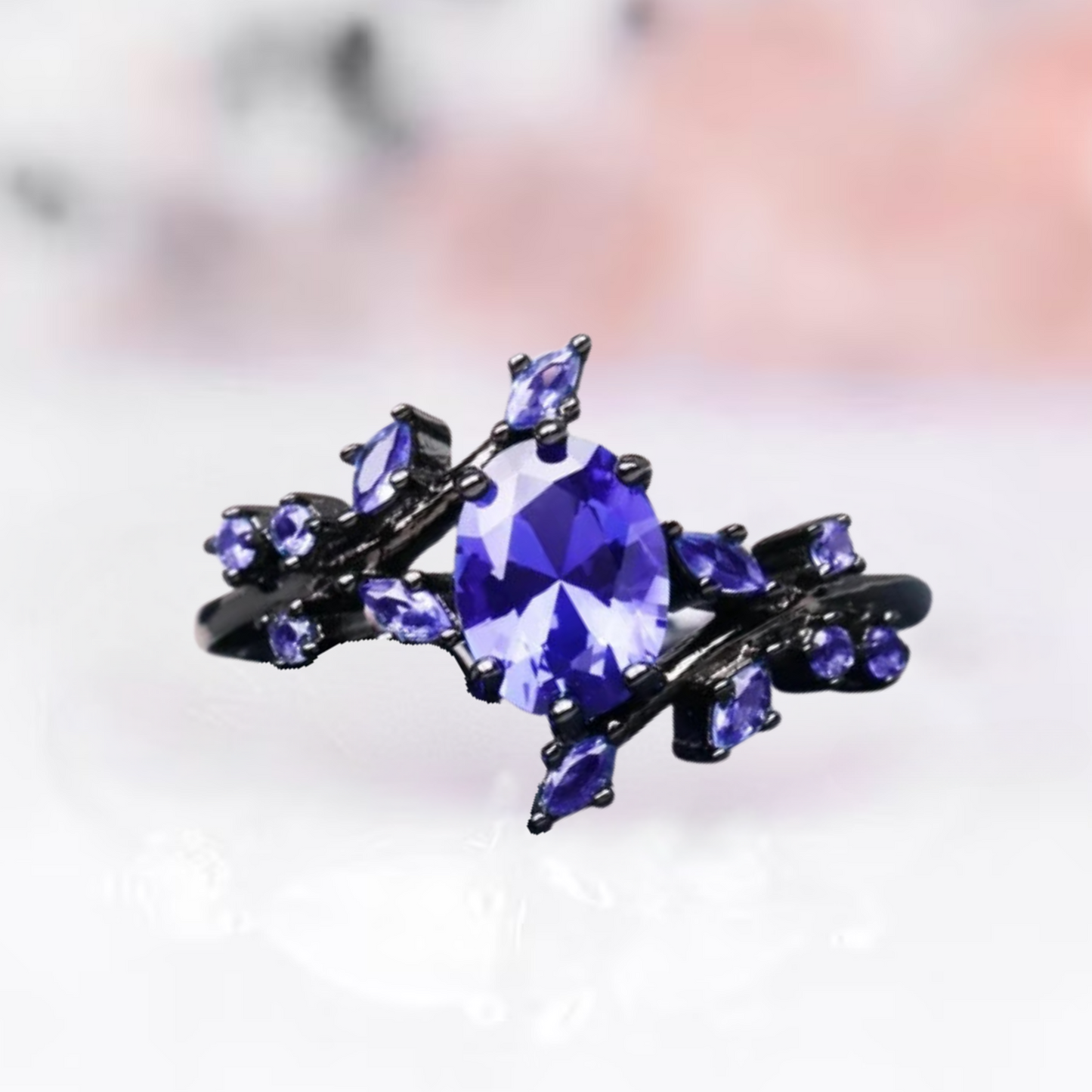 Blue Sapphire Engagement Ring For Women- Black Rhodium Over 925 Sterling Silver Leaf Sapphire Promise Ring