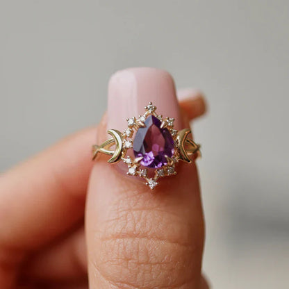 Pear Cut Amethyst Alice Star & Moon Magic Engagement Ring in 14k Yellow Gold Vermeil - Gift For Her