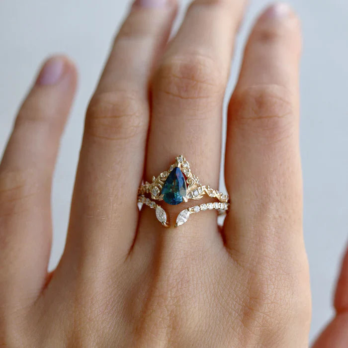 Pear Cut Teal Sapphire Blossom Rose & Dancing Swan Engagement Ring Set in 925 Sterling Silver - Gift For Her