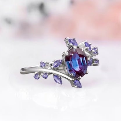 Alexandrite & Sapphire Engagement Ring For Women in 925 Sterling Silver Fairy Leaf Promise Ring -  September & June Birthstone