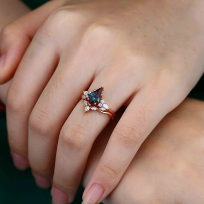 Kite Cut Alexandrite Wedding Proposal Ring For Her in 14K Rose Gold Finish - Engagement Ring Set