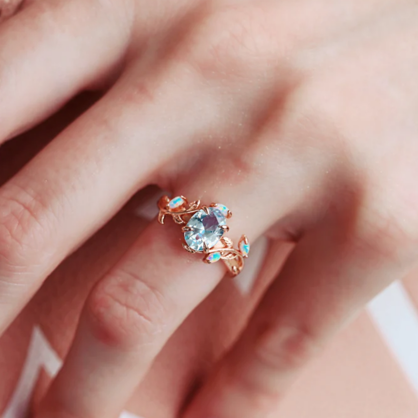 Aquamarine & Opal Leaf Engagement Ring For Woman in 14K Rose Gold Vermeil Aquamarine Promise Ring - March Birthstone