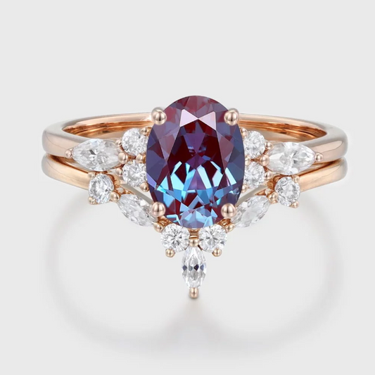 Alexandrite & Diamond Engagement & Wedding Ring Set in 14K Rose Gold Finish - Bridal Ring Gift For Her