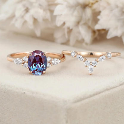 Alexandrite & Diamond Engagement & Wedding Ring Set in 14K Rose Gold Finish - Bridal Ring Gift For Her