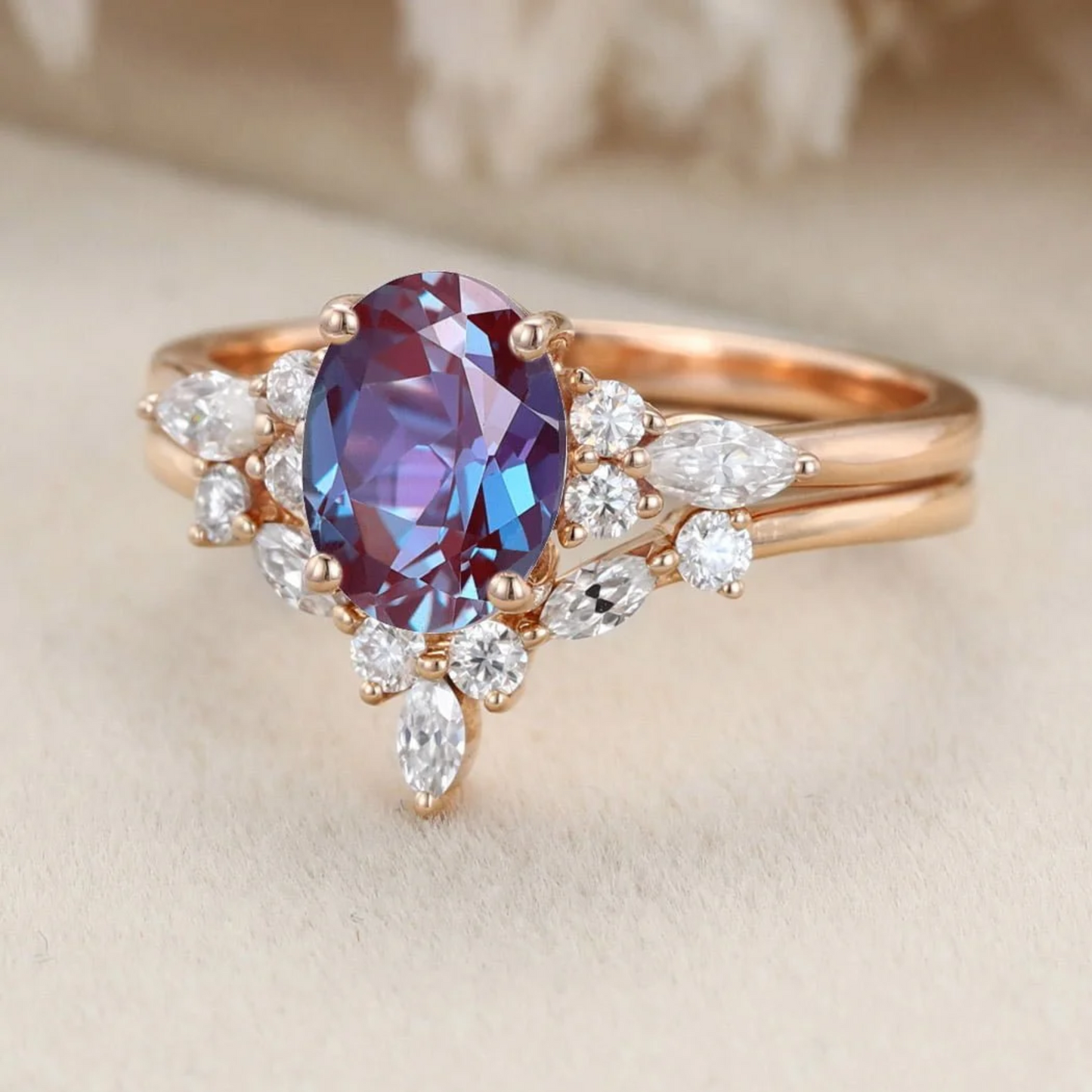 Alexandrite & Diamond Engagement & Wedding Ring Set in 14K Rose Gold Finish - Bridal Ring Gift For Her