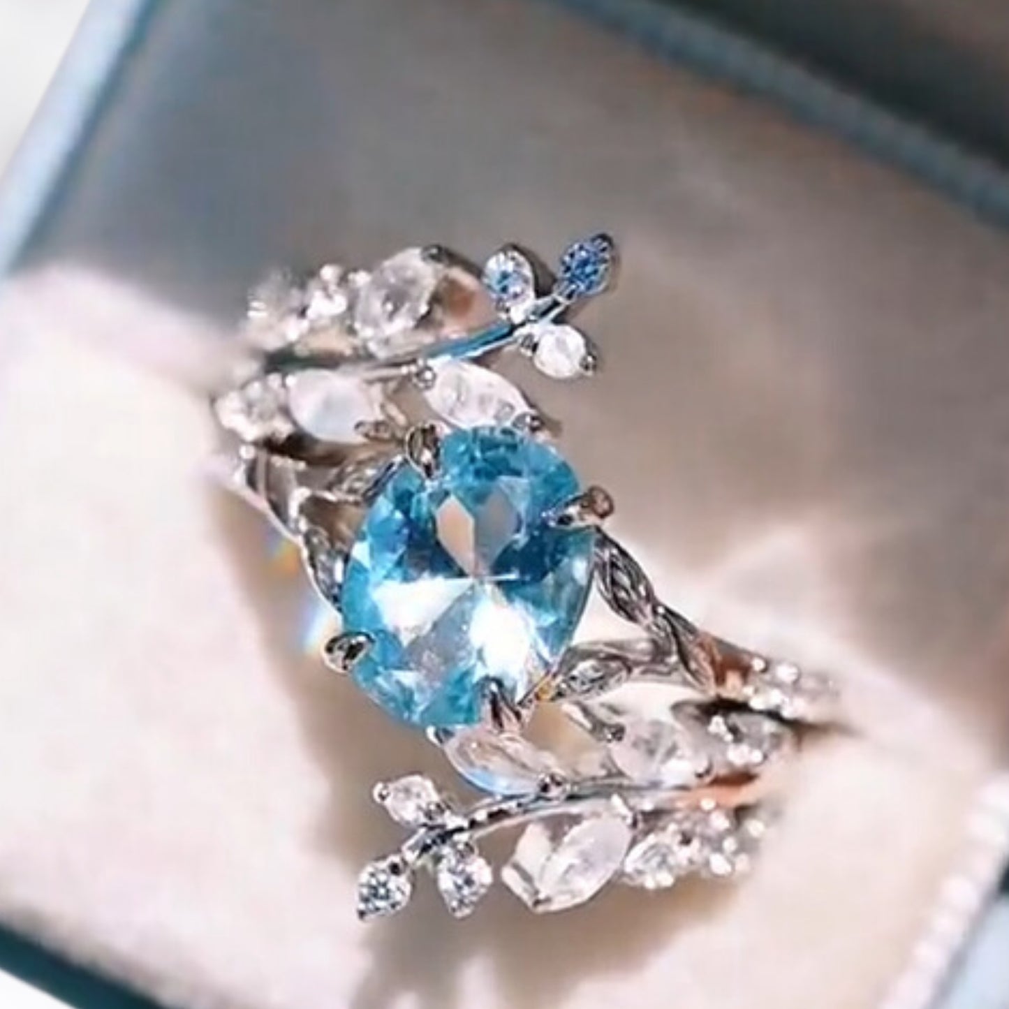 Aquamarine & Moonstone Leaf Ring Set in 925 Sterling Silver Fairy Engagement Ring For Women - Unique Promise Ring Anniversary Gift For Her