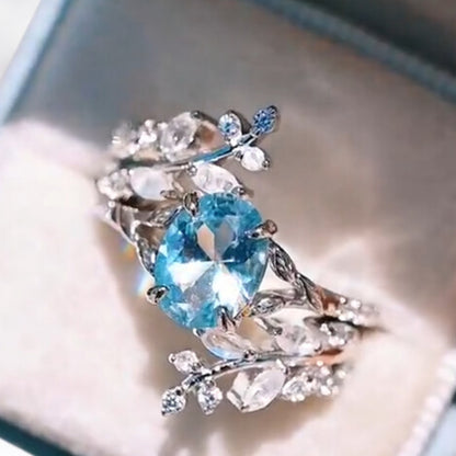 Aquamarine & Moonstone Leaf Ring Set in 925 Sterling Silver Fairy Engagement Ring For Women - Unique Promise Ring Anniversary Gift For Her