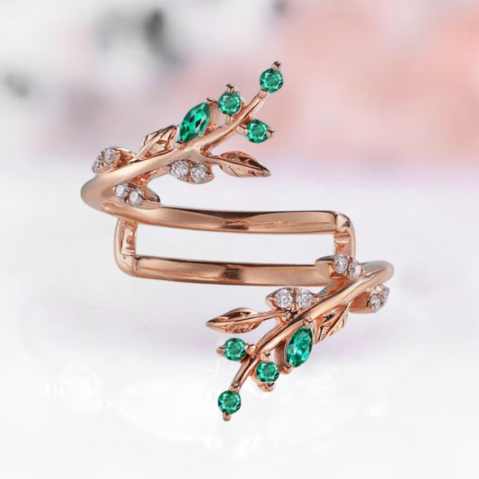 Marquise Emerald Leaf Ring Enhancer For Engagement in 14K Rose Gold Vermeil - Wedding Ring Guard Jacket