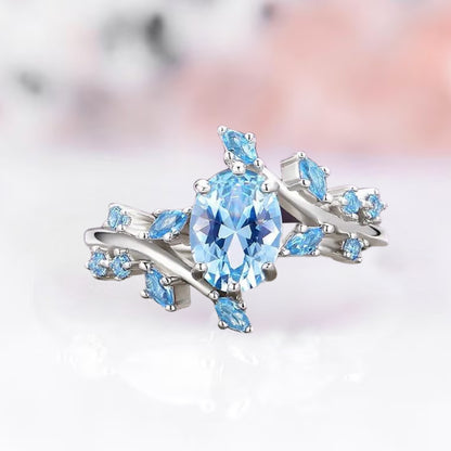 Aquamarine Leaf Ring in 925 Sterling Silver Ice Blue Fairy Engagement Ring For Women - Anniversary Gift For Her