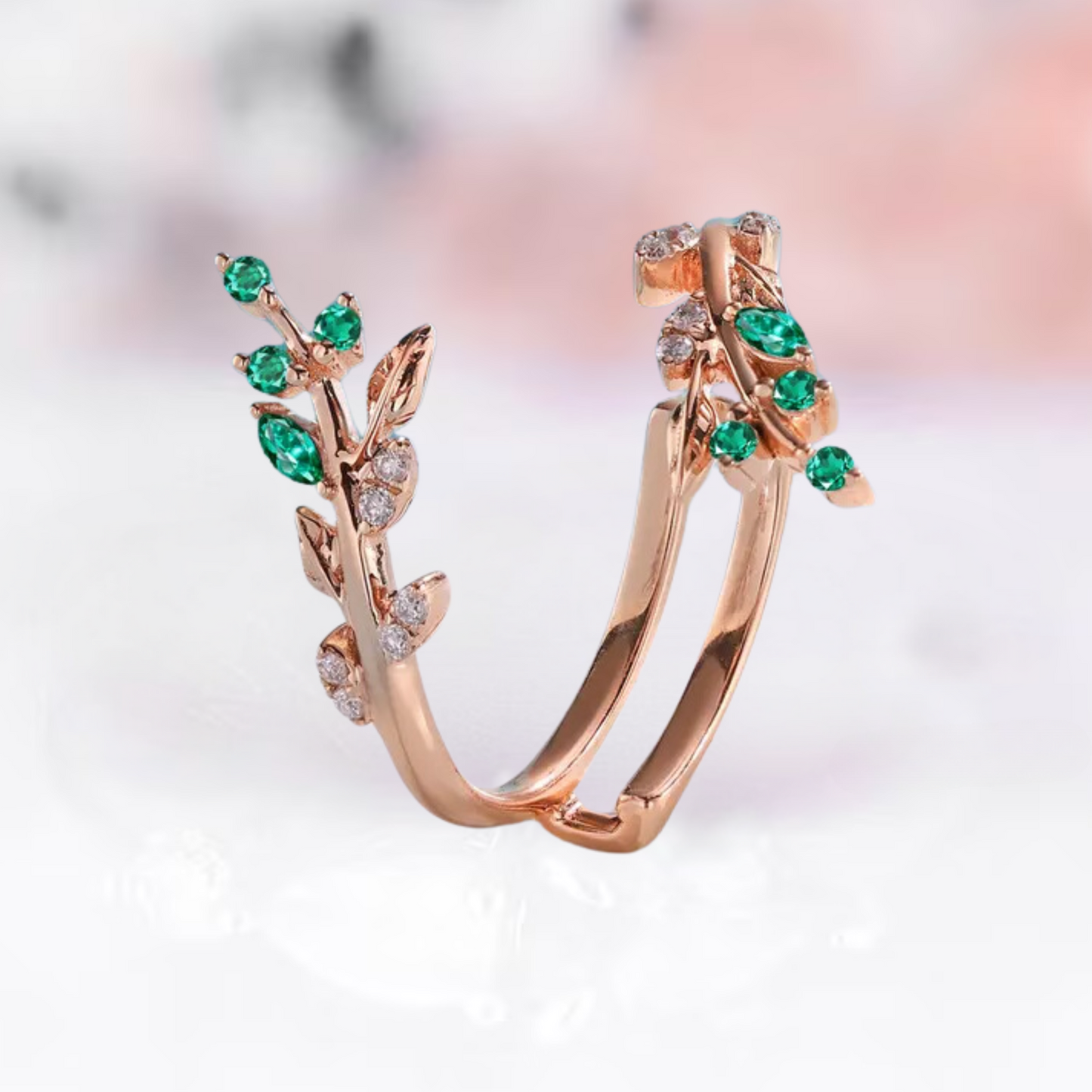 Marquise Emerald Leaf Ring Enhancer For Engagement in 14K Rose Gold Vermeil - Wedding Ring Guard Jacket