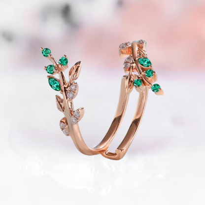 Marquise Emerald Leaf Ring Enhancer For Engagement in 14K Rose Gold Vermeil - Wedding Ring Guard Jacket