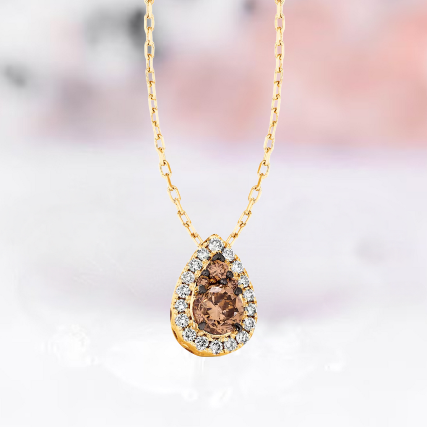 Brown and White Diamond Tear Drop Shape Pendant Necklace with 18" Rope Chain In 14K Yellow Gold Vermeil - Anniversary Necklace for Womens