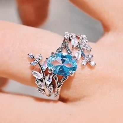 Aquamarine & Moonstone Leaf Ring Set in 925 Sterling Silver Fairy Engagement Ring For Women - Unique Promise Ring Anniversary Gift For Her