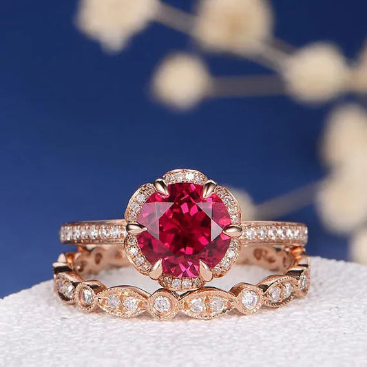 Ruby Engagement Ring with Flower Art Deco Wedding Band Women Ring in 14K Rose Gold Finish - Anniversary Birthstone Ring Set Gift For Wife