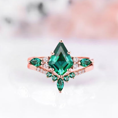 Kite Emerald Ring Set in 14K Rose Gold Vermeil Engagement Ring For Women - May Birthstone Ring For Her