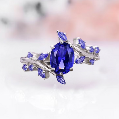 Blue Sapphire Leaf Engagement Ring For Women in 925 Sterling Silver Leaf Sapphire Promise Ring - September Birthstone