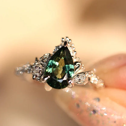Pear Cut Teal Sapphire Blossom Rose & Dancing Swan Engagement Ring Set in 925 Sterling Silver - Gift For Her