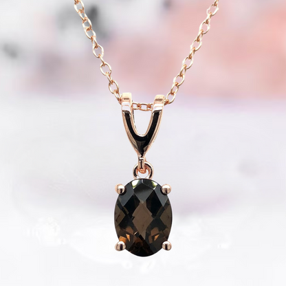 Oval Cut Smokey Diamond Solitaire Pendant - V Loop Pendant Necklace with 18" Rope Chain In 14K Rose Gold Vermeil - Anniversary Necklace for Women