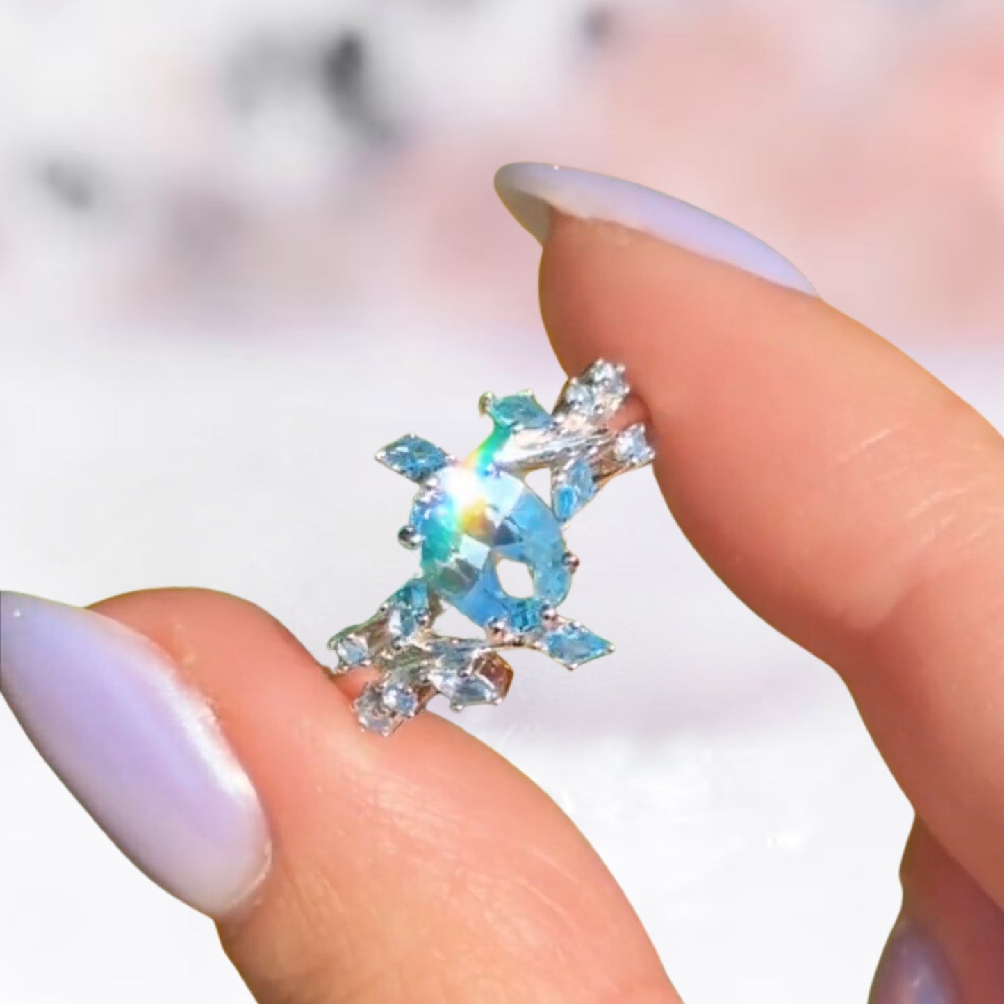 Aquamarine Leaf Ring in 925 Sterling Silver Ice Blue Fairy Engagement Ring For Women - Anniversary Gift For Her
