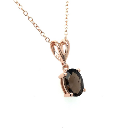 Oval Cut Smokey Diamond Solitaire Pendant - V Loop Pendant Necklace with 18" Rope Chain In 14K Rose Gold Vermeil - Anniversary Necklace for Women