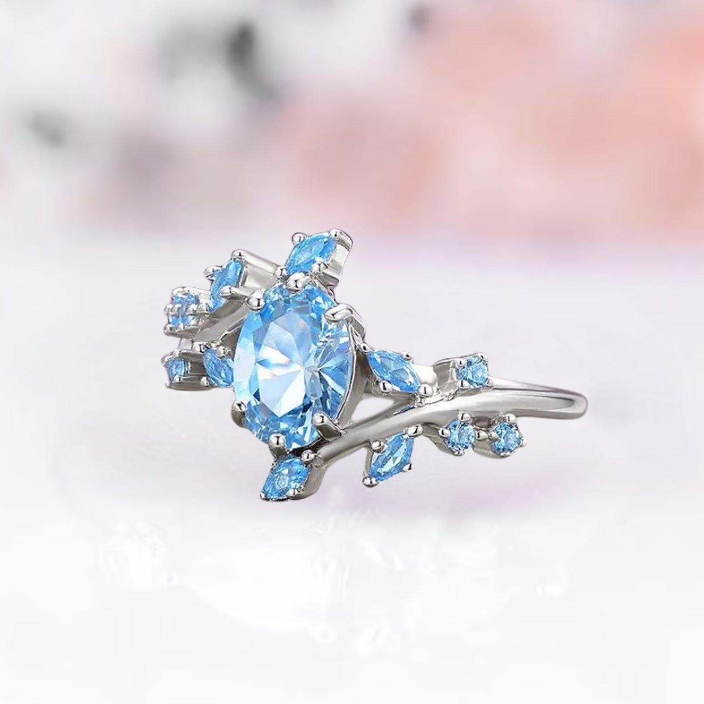 Aquamarine Leaf Ring in 925 Sterling Silver Ice Blue Fairy Engagement Ring For Women - Anniversary Gift For Her