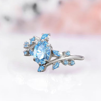 Aquamarine Leaf Ring in 925 Sterling Silver Ice Blue Fairy Engagement Ring For Women - Anniversary Gift For Her