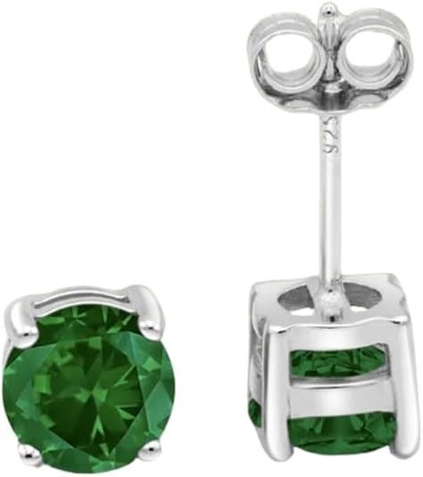 2 Carat Round Emerald Diamond Earring- Post Solitaire Wedding Engagement Stud in 925 Sterling Silver- 4 - Prong Push Back Stud- May Birthstone