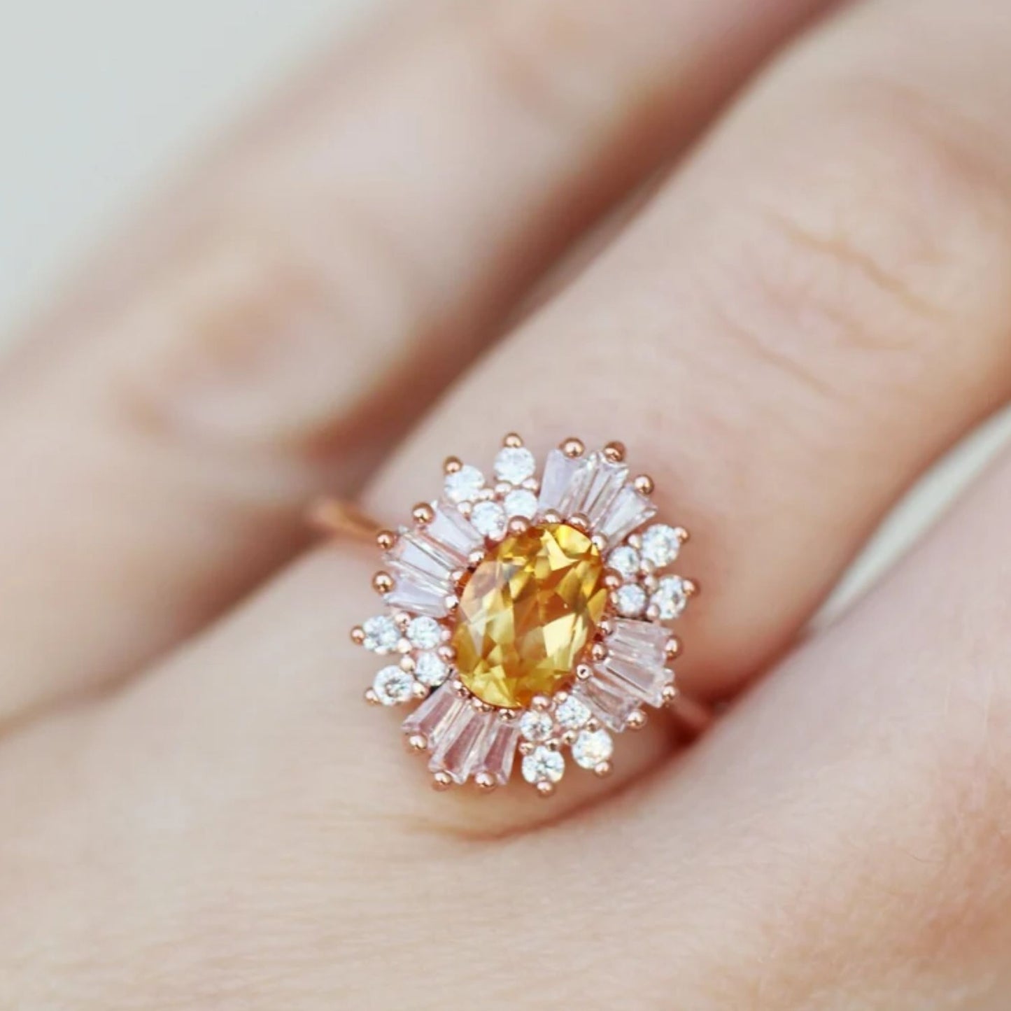 Natural Citrine Cluster Engagement Ring in 14K Rose Gold Finish - November Birthstone Anniversary Gift for Her