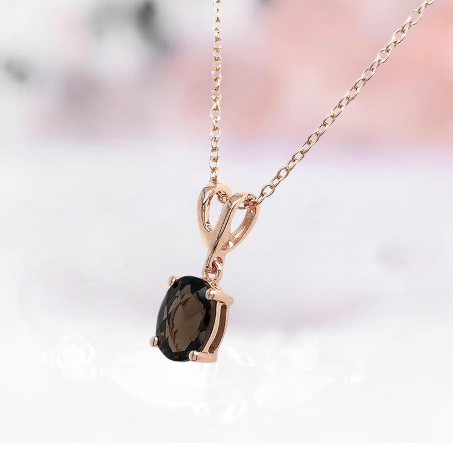 Oval Cut Smokey Diamond Solitaire Pendant - V Loop Pendant Necklace with 18" Rope Chain In 14K Rose Gold Vermeil - Anniversary Necklace for Women