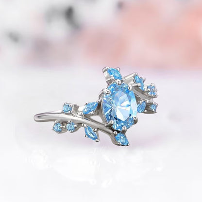 Aquamarine Leaf Ring in 925 Sterling Silver Ice Blue Fairy Engagement Ring For Women - Anniversary Gift For Her