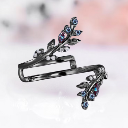 Alexandrite Leaf Wedding Ring Enhancer For Womens in in Black Rhodium on Sterling Silver - Diamond Ring Guard Jacket